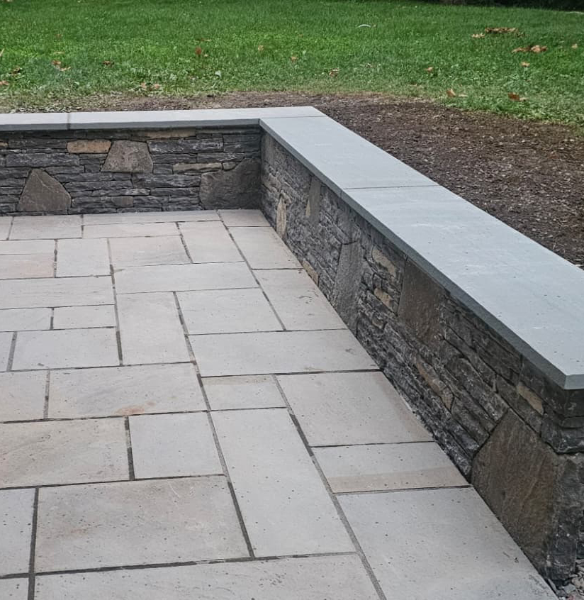 Stone patio and retaining wall